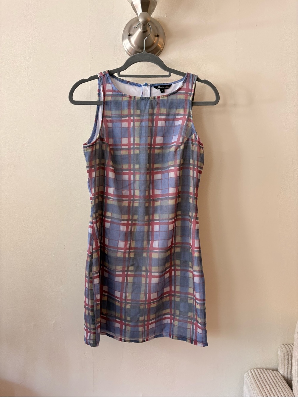 Vintage Plaid Sleeveless Shift Dress in Blue and Red